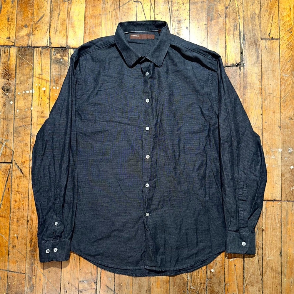 Perry Ellis Dress Shirt Men's XL Navy Polkadot Long Sleeve Button Down Comfort